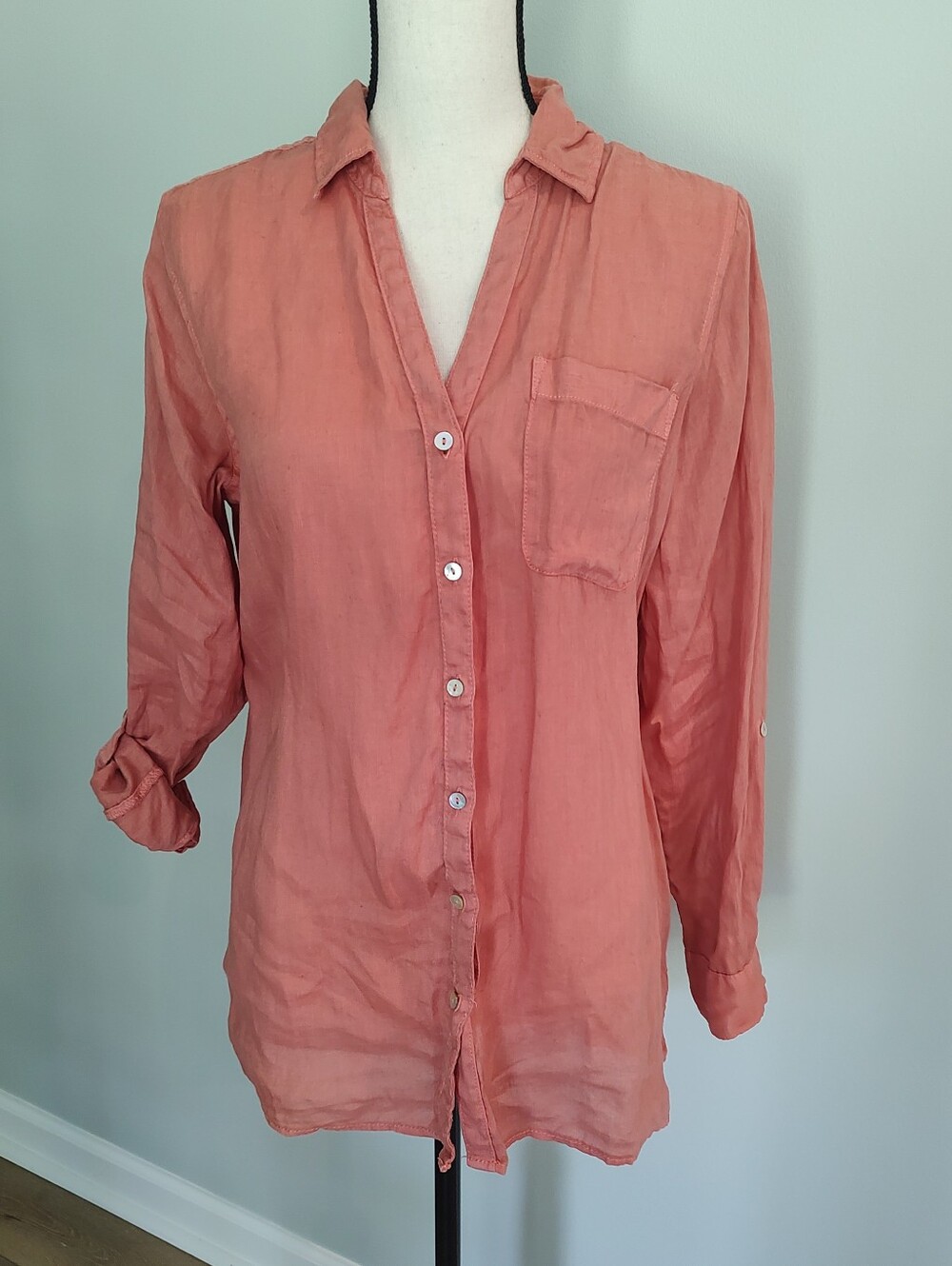 Sigrid Olsen 100% Linen Long Sleeve Roll-tab Shirt Orange Size M